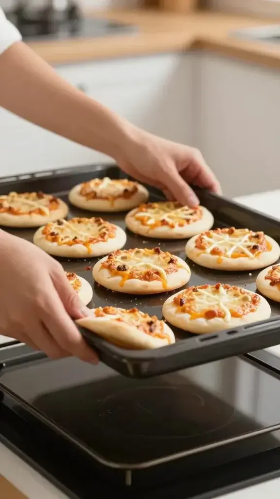 Cooking process shot: hands sliding a tray of mini pita pizzas into the oven and a peek of the golden crust forming, soft kitchen light and uncluttered background.