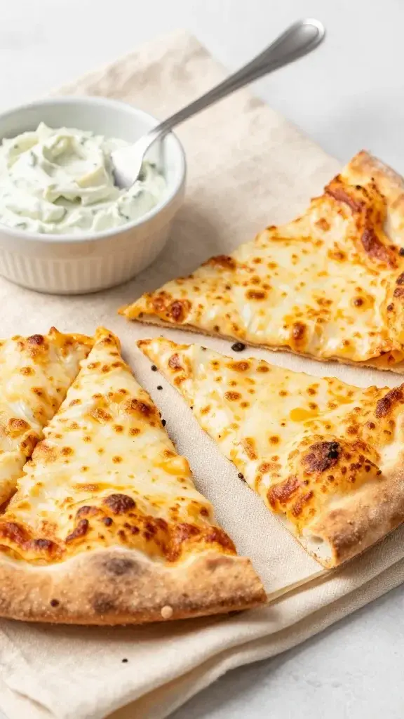 Serving moment: a sliced pita pizza on a cream linen napkin with a small dish of dip and a fork ready, close-up texture of the crust and gooey cheese.