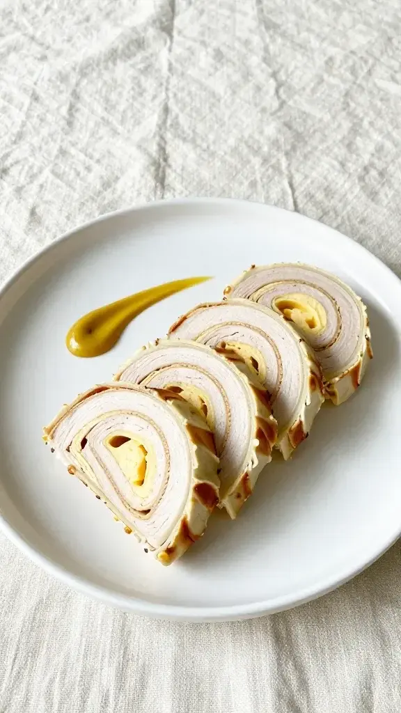 Final plated dish: Beautifully arranged turkey and cheese pinwheels sliced to reveal spiraled layers, on a white ceramic plate with a light cream linen backdrop and a drizzle of tangy mustard, bright natural light