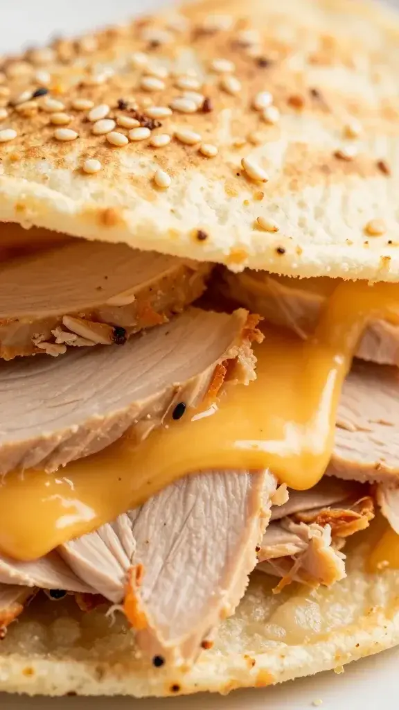 Close-up detail: Macro shot of the pinwheel filling showing juicy turkey, melted cheese, and crisp tortilla edge, with textured sesame seeds sprinkle and shallow depth of field