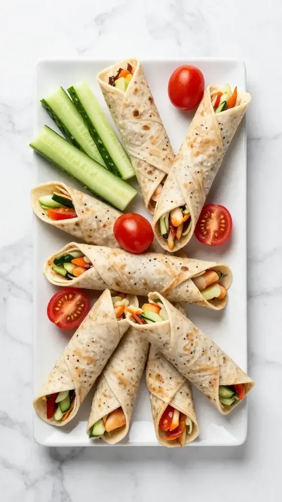 Overhead/top-down shot: Platter of assorted pinwheels fanned out on a marble surface with fresh cucumber sticks and cherry tomatoes, clean modern styling and even lighting