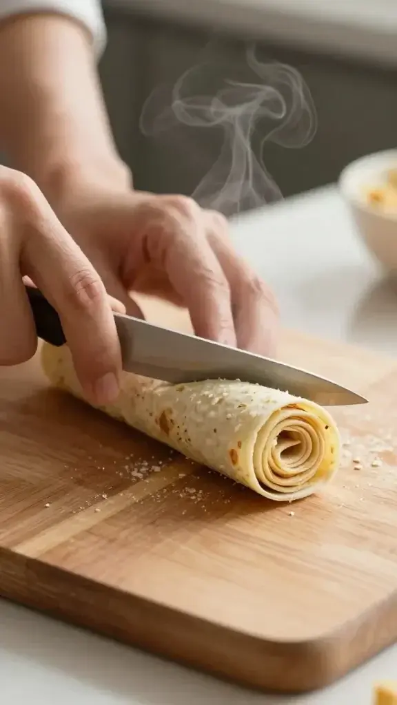 Cooking process shot: Pinwheels being assembled on a clean wooden board, knife slicing through rolled tortilla to reveal swirl, subtle steam and soft kitchen light