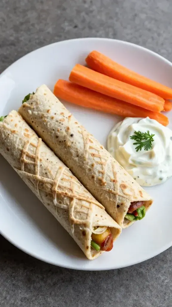 Serving moment: Individual plate with two pinwheels, a small side of carrot sticks, and a dollop of creamy dipping sauce, garnished with a delicate chive leaf, natural daylight