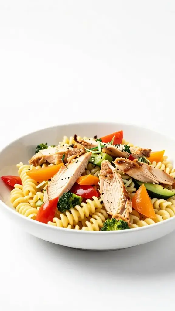 A beautifully plated Chicken Pasta Salad that Wow's Them in a white ceramic bowl, vibrant colorful veggies tossed with tender chicken, bright natural light, clean minimalist background.