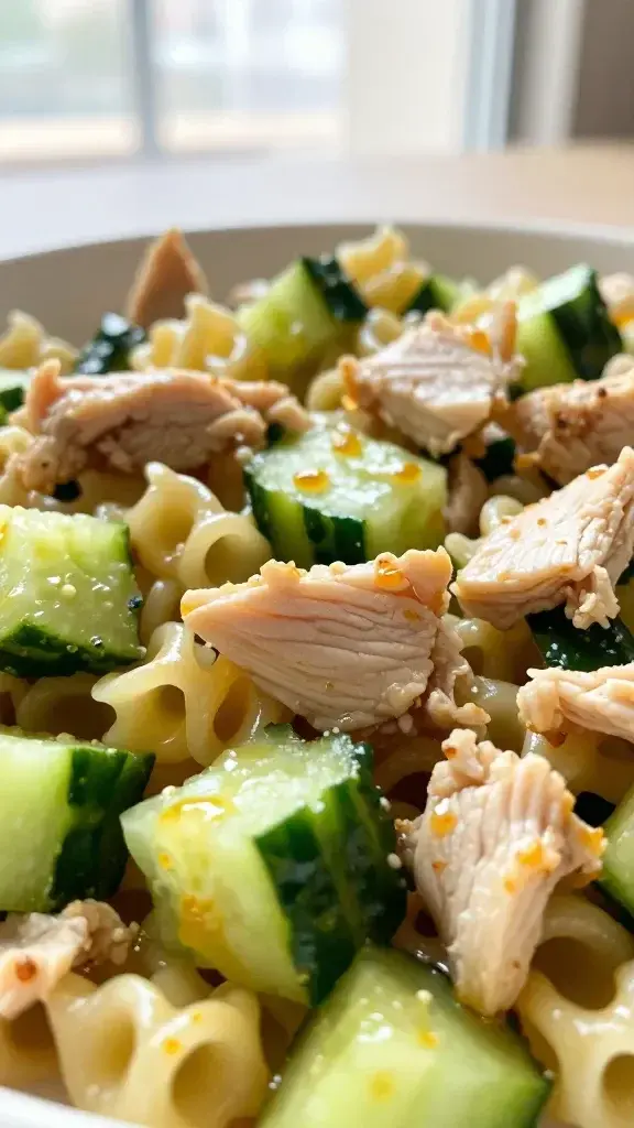 Close-up detail of bite-sized pasta, chopped chicken, and crisp cucumber with a glossy vinaigrette, golden edges on pasta, shallow depth of field, soft window light.