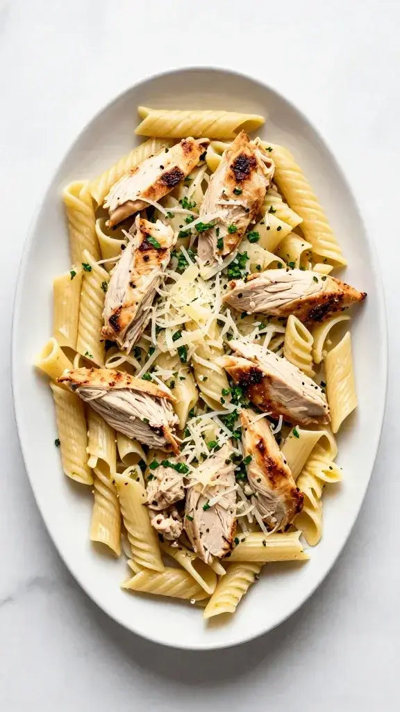 Overhead/top-down shot of a full serving platter: chicken pasta salad arranged in a neat mound, scattered herbs, parmesan shavings, marble surface.