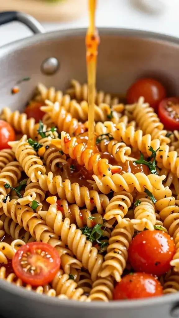 Cooking process shot: stirring the pasta salad midway, glossy sauce clinging to spirals, scattered cherry tomatoes and herbs, natural kitchen light, appetizing texture.