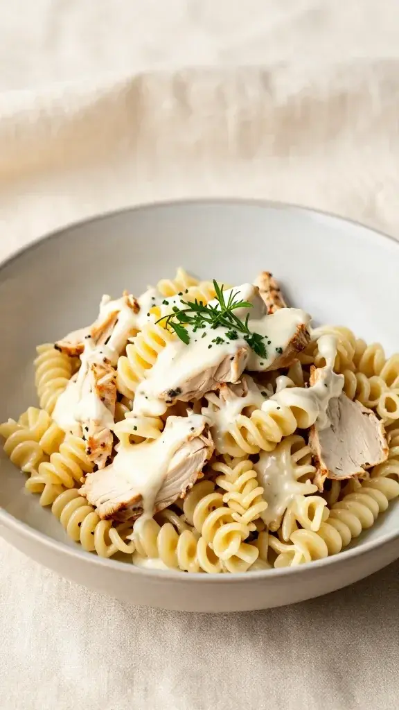 Serving moment: a scoop of chicken pasta salad being plated into a shallow bowl, drizzle of creamy dressing, fresh herb sprig garnish, cream linen backdrop.