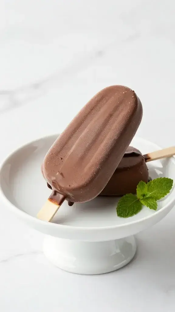 A beautifully plated chocolate banana cream popsicle dessert on a white pedestal dish with a glossy chocolate drizzle, bright natural light, clean marble backdrop, garnished with a tiny mint leaf.