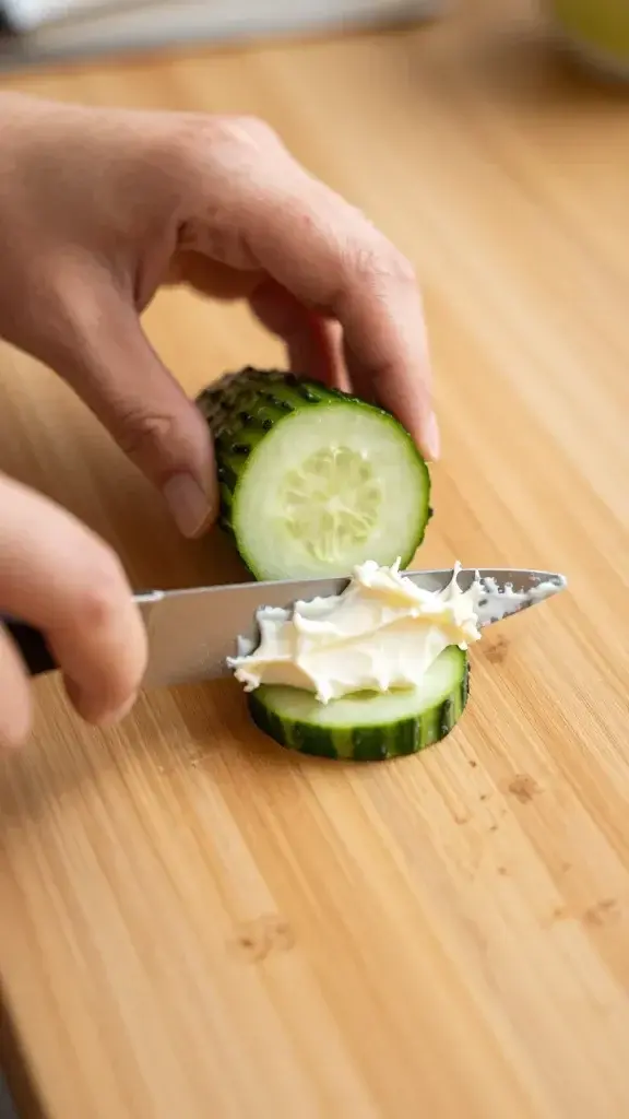 Cooking process shot: assembling technique with a knife spreading cream cheese onto cucumber slices, visible texture of filling, warm kitchen light, uncluttered counter