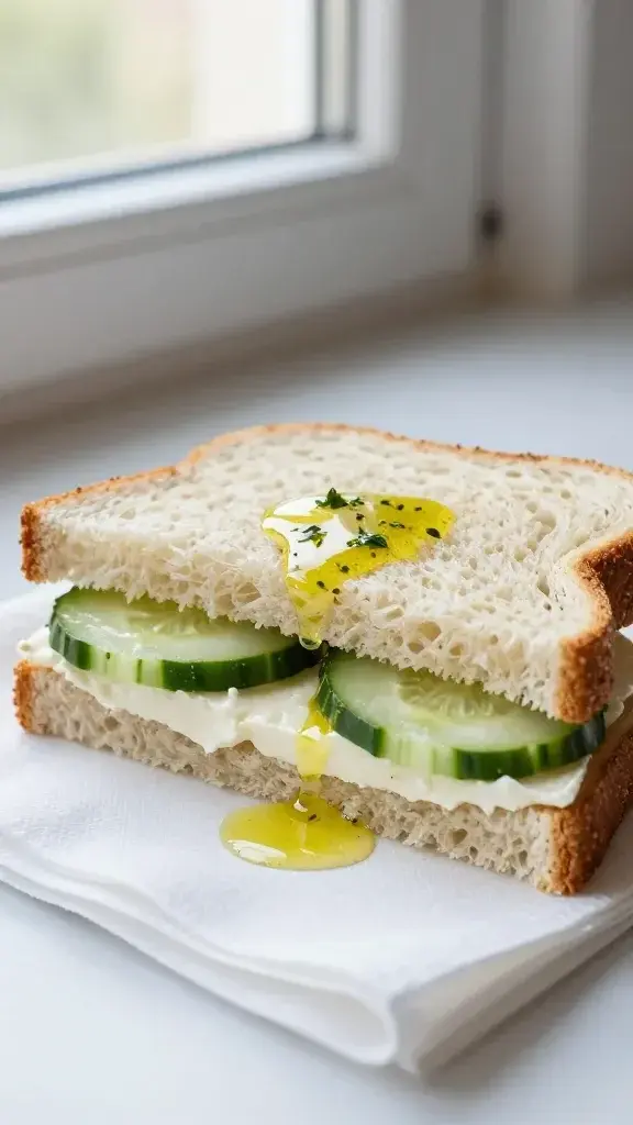 Serving moment: two sandwiches stacked with a light drizzle of herb oil on a white napkin, crisp textures and pale green interiors, soft window light