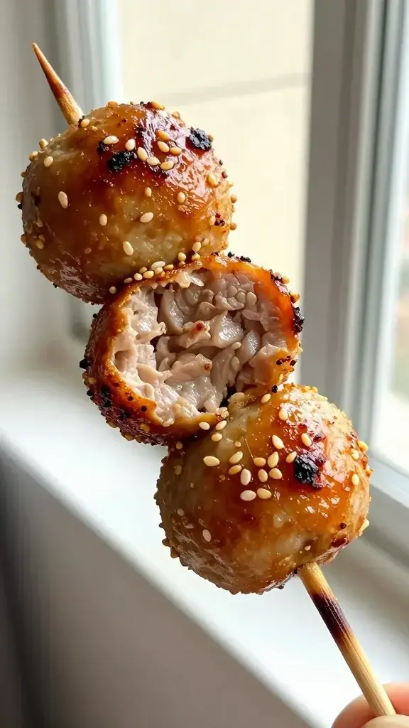 Close-up detail of a single golden-brown turkey meatball skewer showing caramelized edges, juicy interior visible through bite, crisp sesame sprinkle, soft window light
