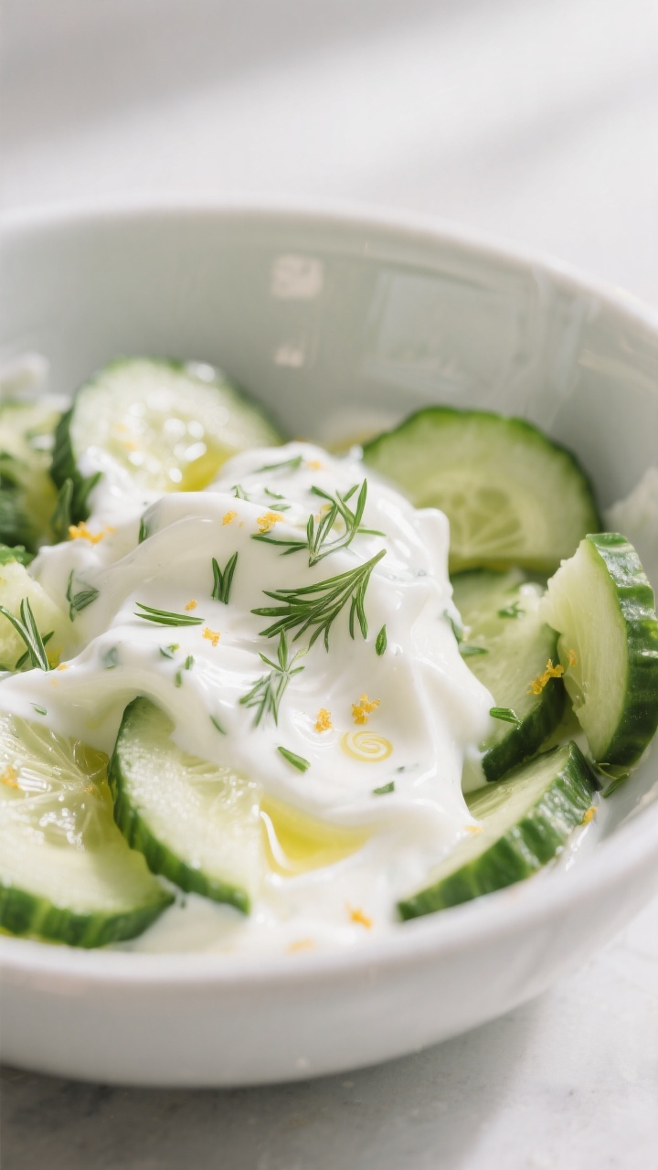 Close-up detail: A creamy cucumber yogurt salad being gently folded together in a white mixing bowl,