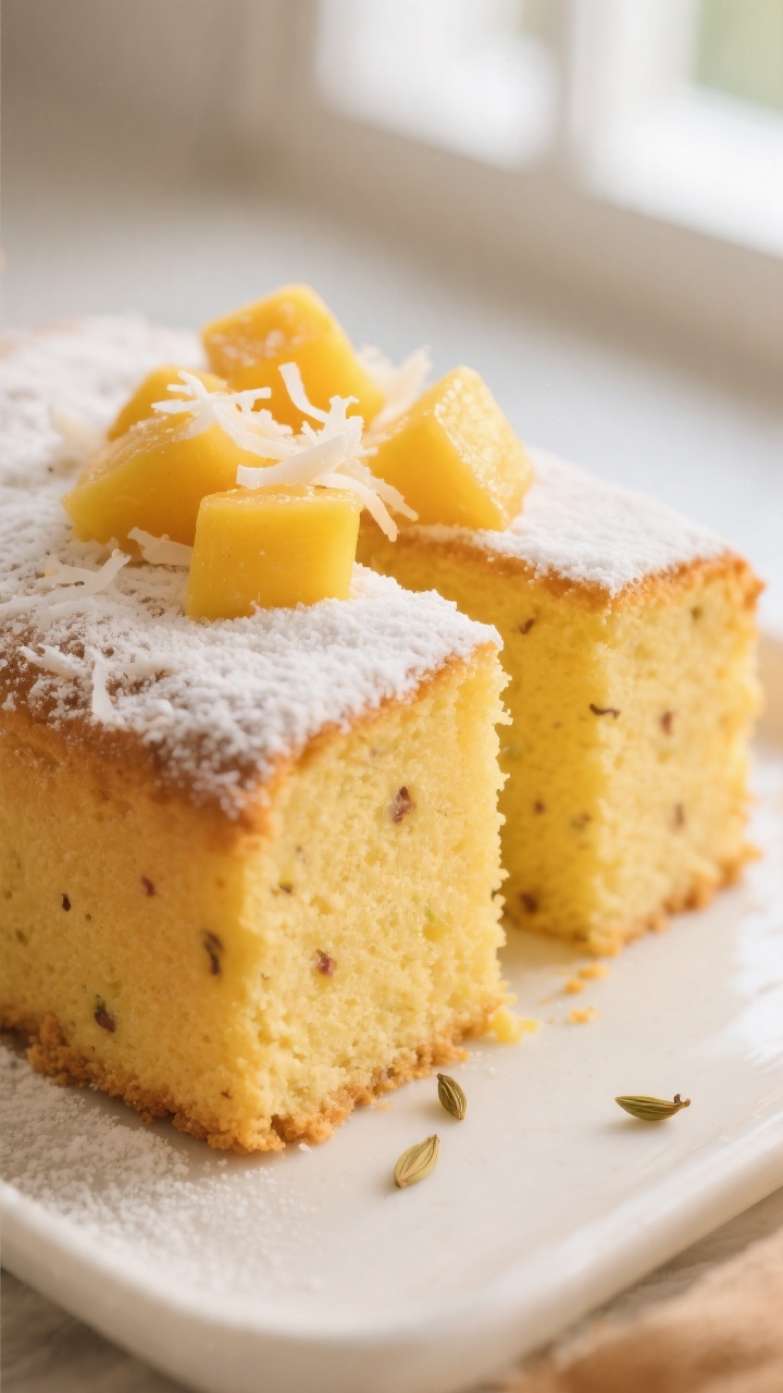 Close-up detail: A freshly baked mango cake square with a moist, tender crumb visible where a neat s
