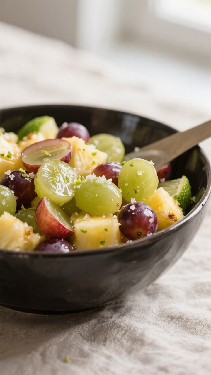 Close-up detail: A glossy bowl of prepared summer fruit salad just after the “combine sturdier fru