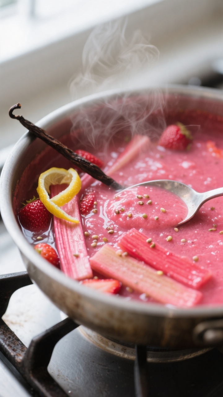 Close-up detail: A glossy, bright pink rhubarb-strawberry purée simmered to a jammy, saucy consiste
