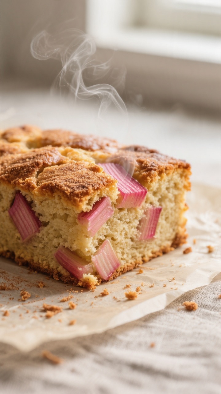 Close-up detail: A just-baked rhubarb cake square with a golden, crackly cinnamon-sugar crust, visib