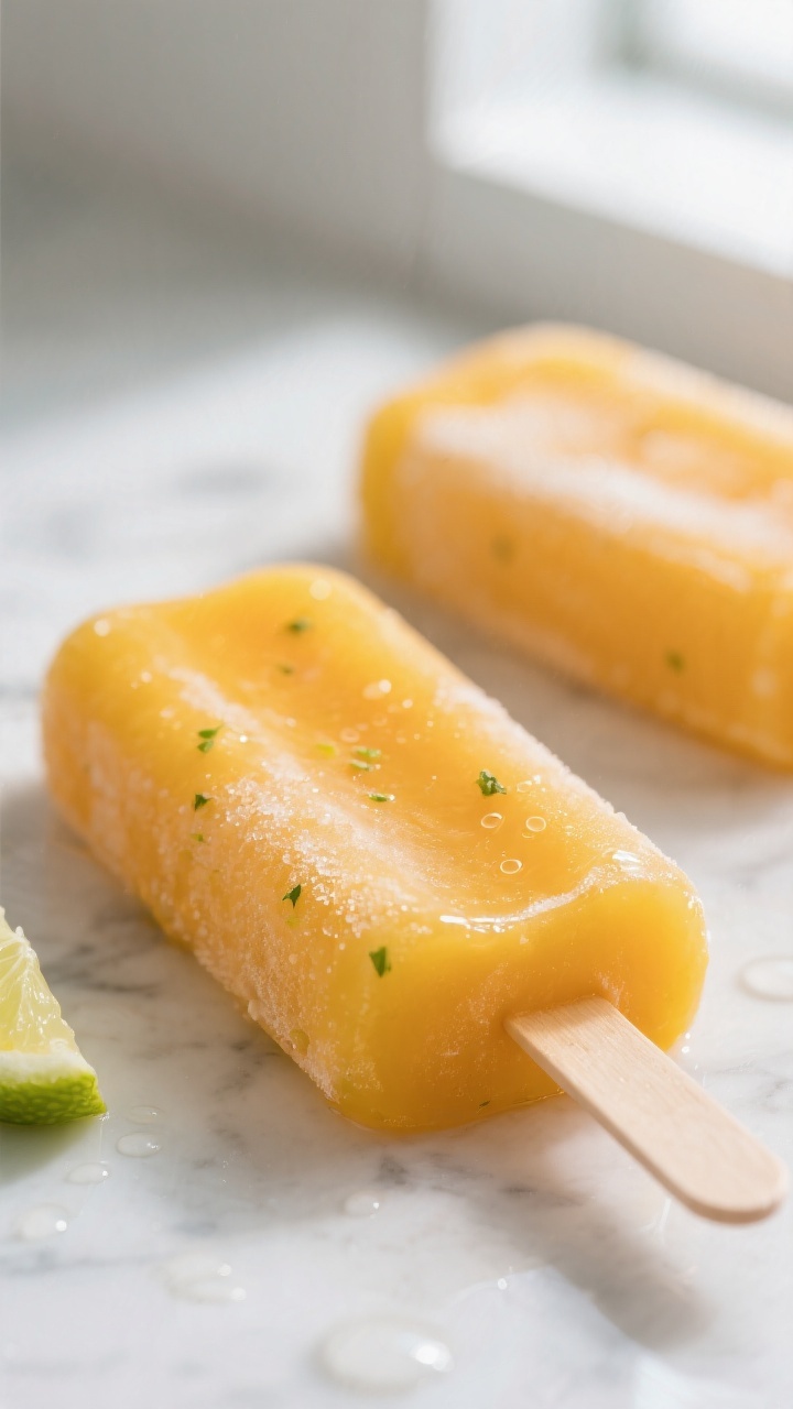 Close-up detail: A just-unmolded mango popsicle with a glossy, frost-kissed surface and tiny air bub