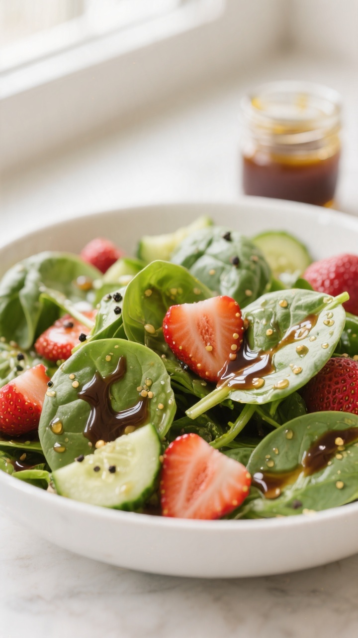 Close-up detail: A prepared strawberry spinach salad base being lightly tossed with a glossy balsami