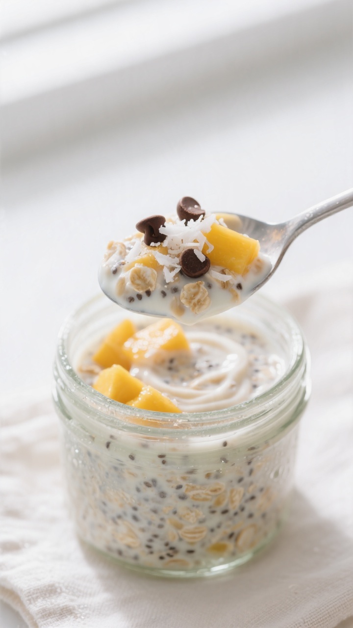 Close-up detail: A spoonful of creamy mango overnight oats lifted from a small glass jar, showing th