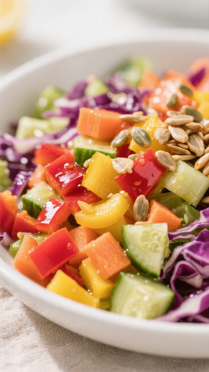 Close-up detail: A vibrant, fully assembled rainbow veggie salad already tossed with a light sheen o