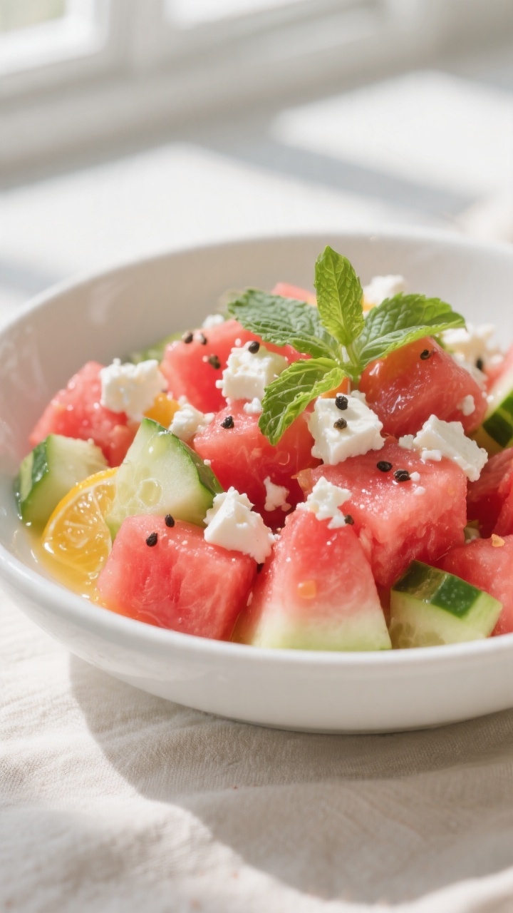 Close-up detail: Chilled watermelon feta salad just after gentle tossing, showcasing glossy watermel
