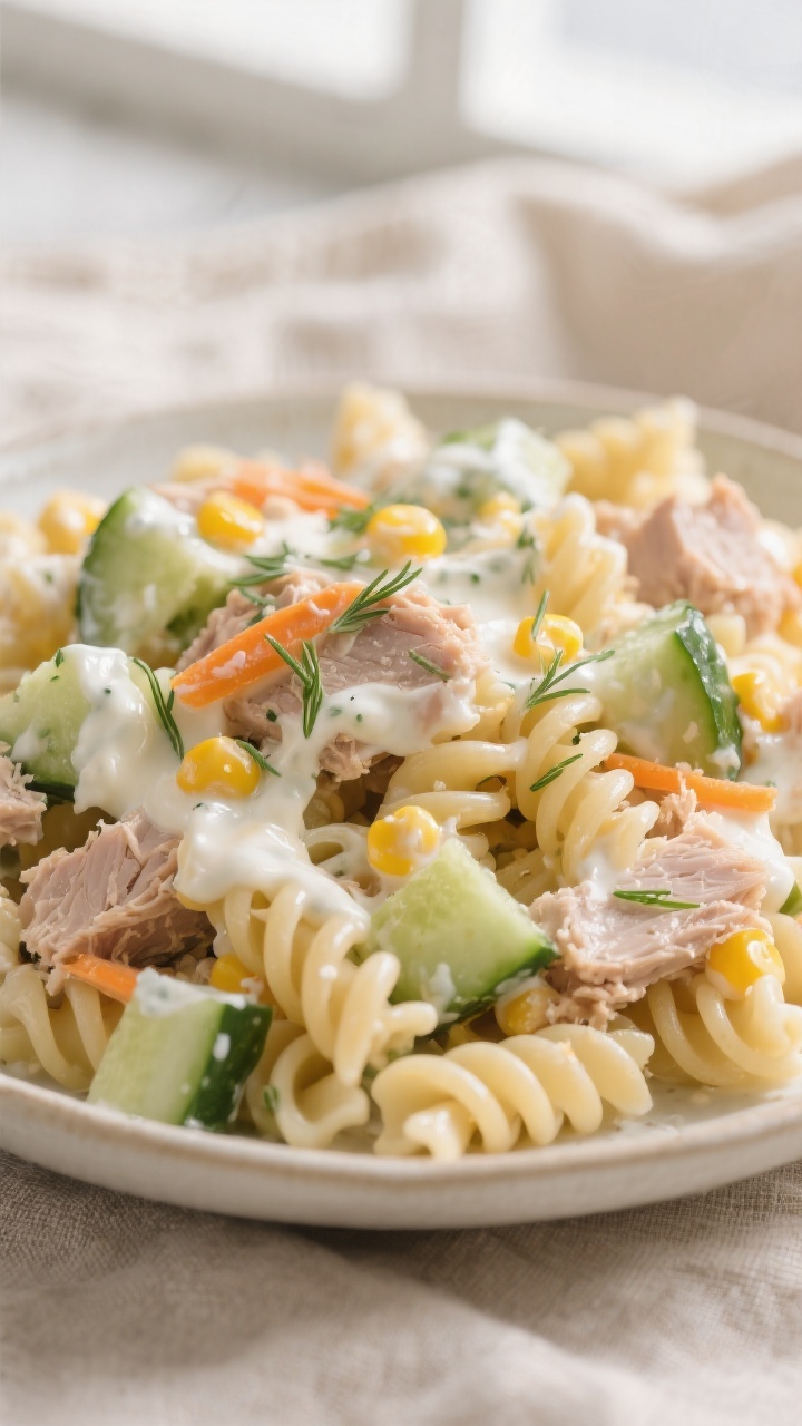 Close-up detail: Creamy tuna pasta salad just after combining, showing rotini coated in a glossy Gre