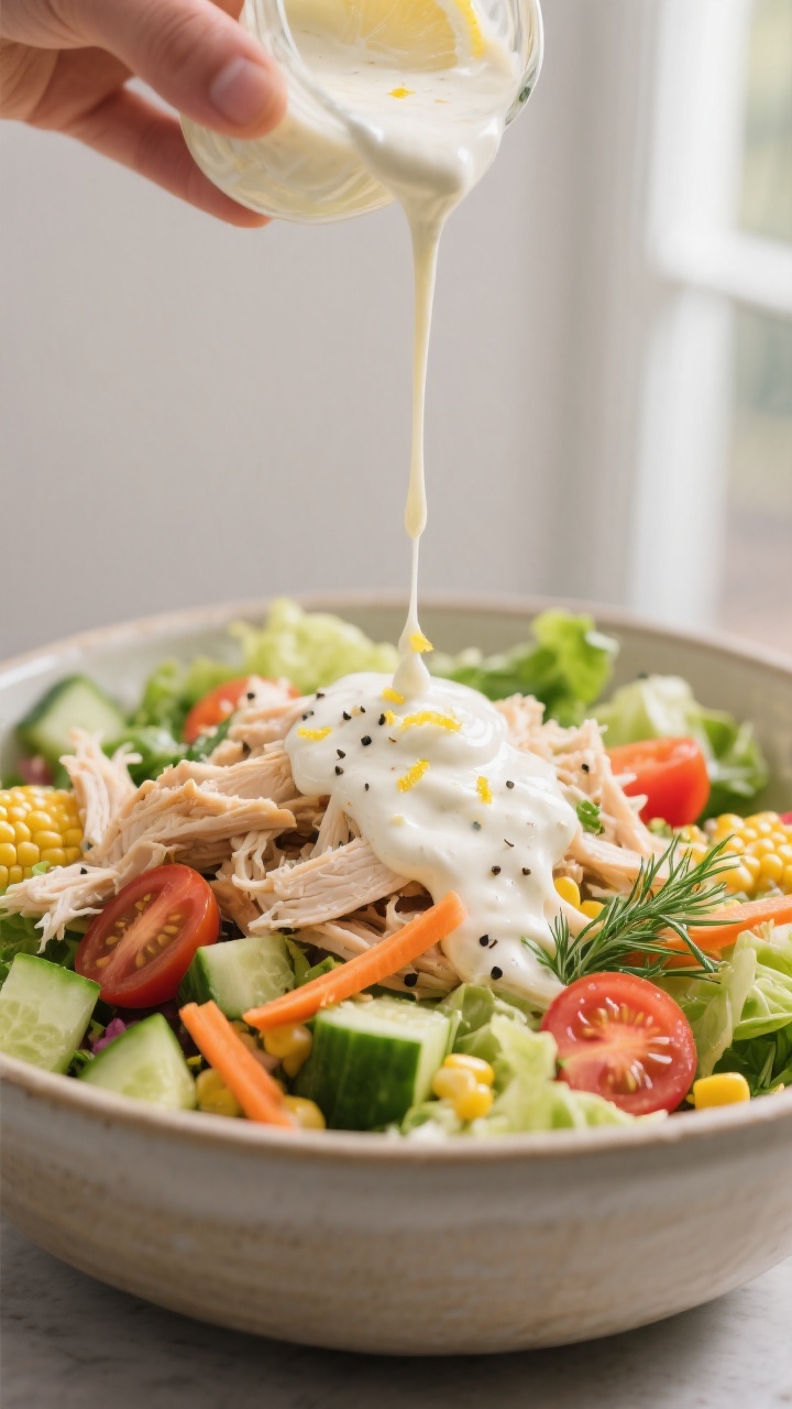 Close-up detail: Creamy yogurt-mayo dressing being drizzled in a thin ribbon over a colorful chicken