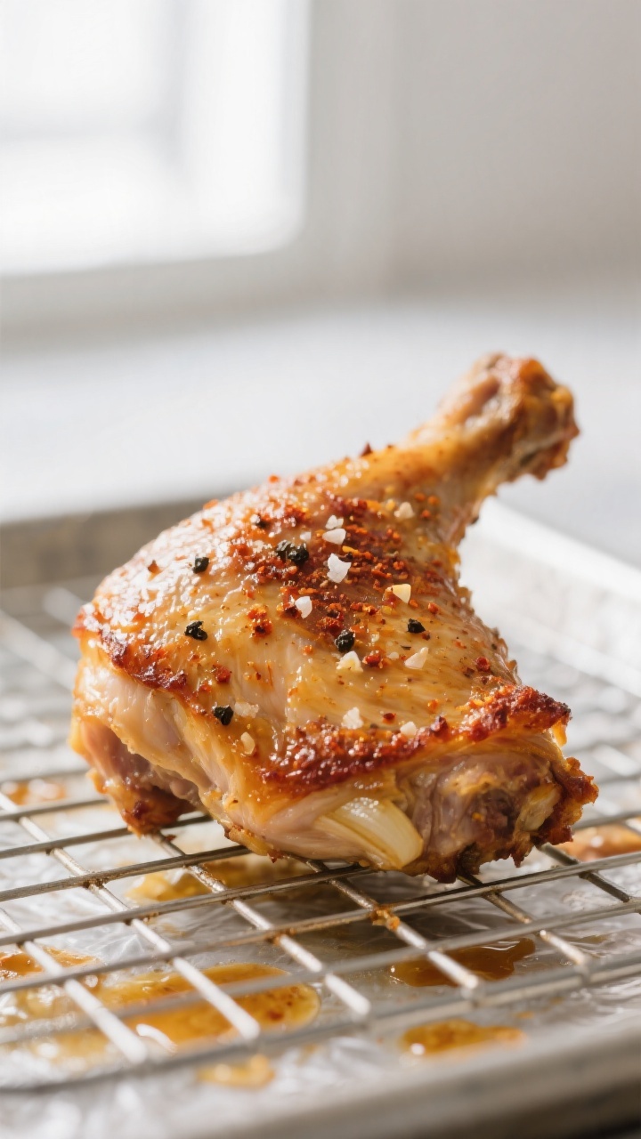Close-up detail: Crispy, golden-brown baked chicken thigh (skin-on) fresh from the oven, skin bliste