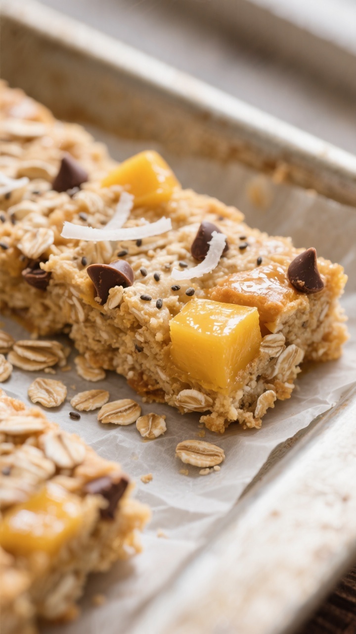 Close-up detail: Freshly baked mango snack bars just out of the pan, edges lightly golden with a sof
