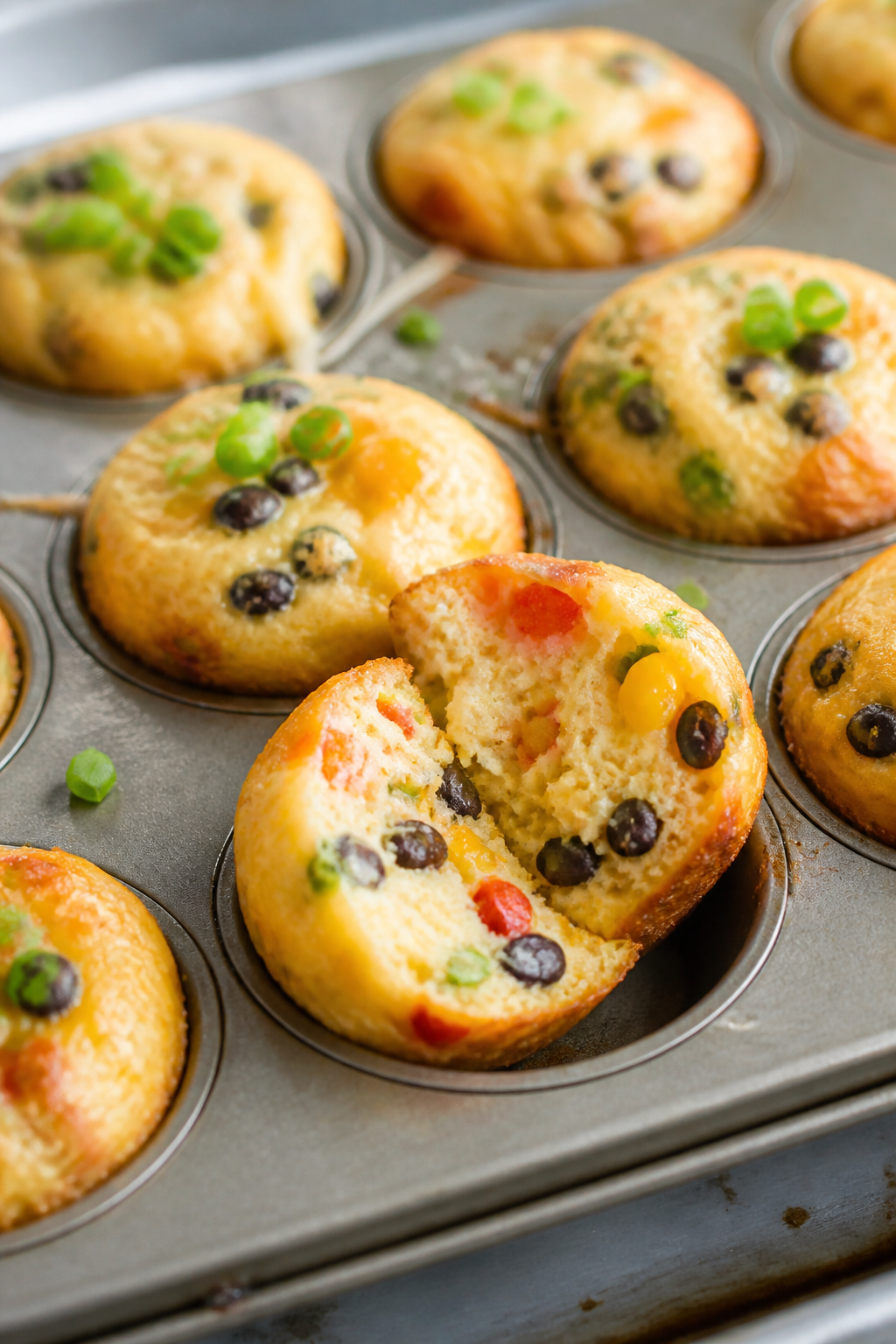 Close-up detail: Freshly baked mini Mexican egg muffins just out of the oven in a mini muffin tin, t