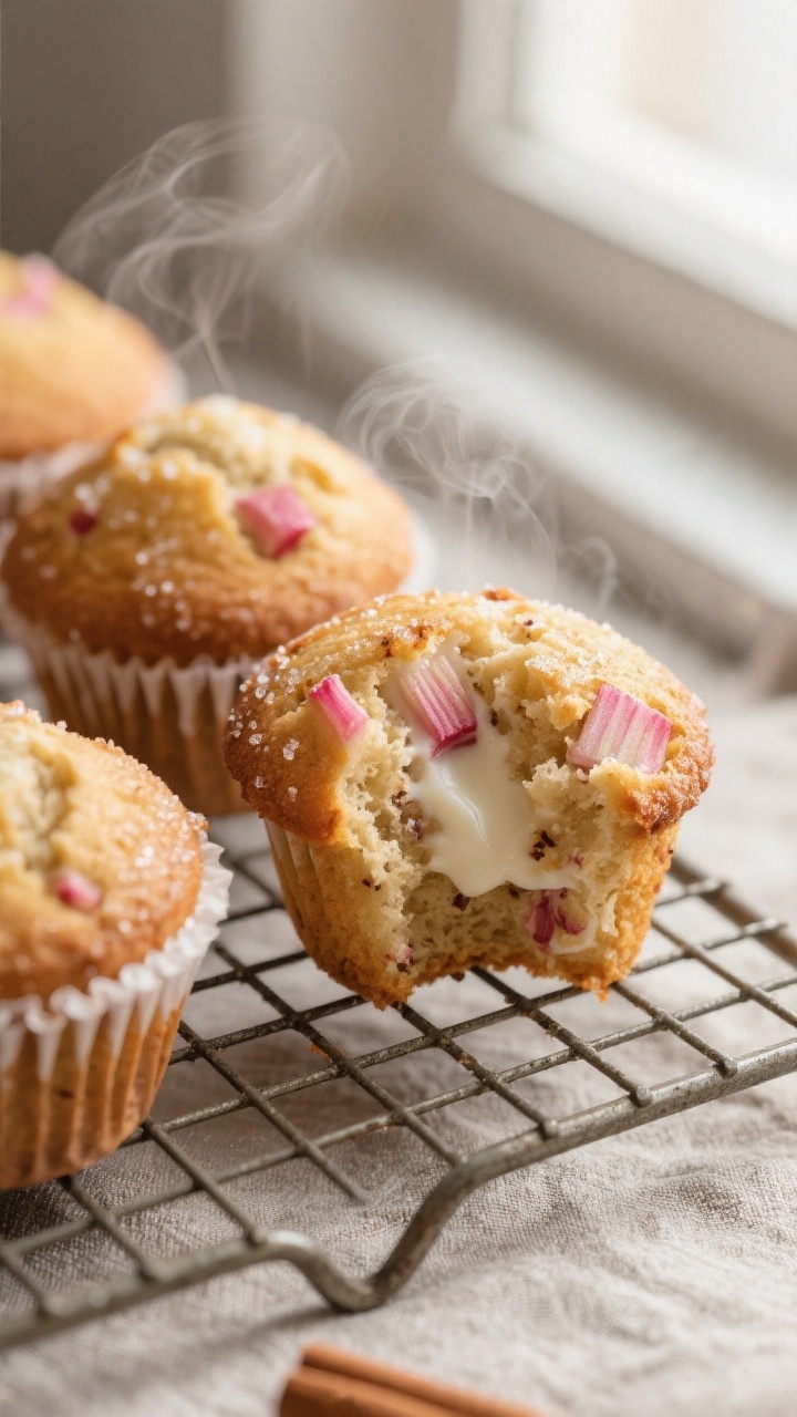 Close-up detail: freshly baked rhubarb muffins just out of the tin, domed golden tops with a light s