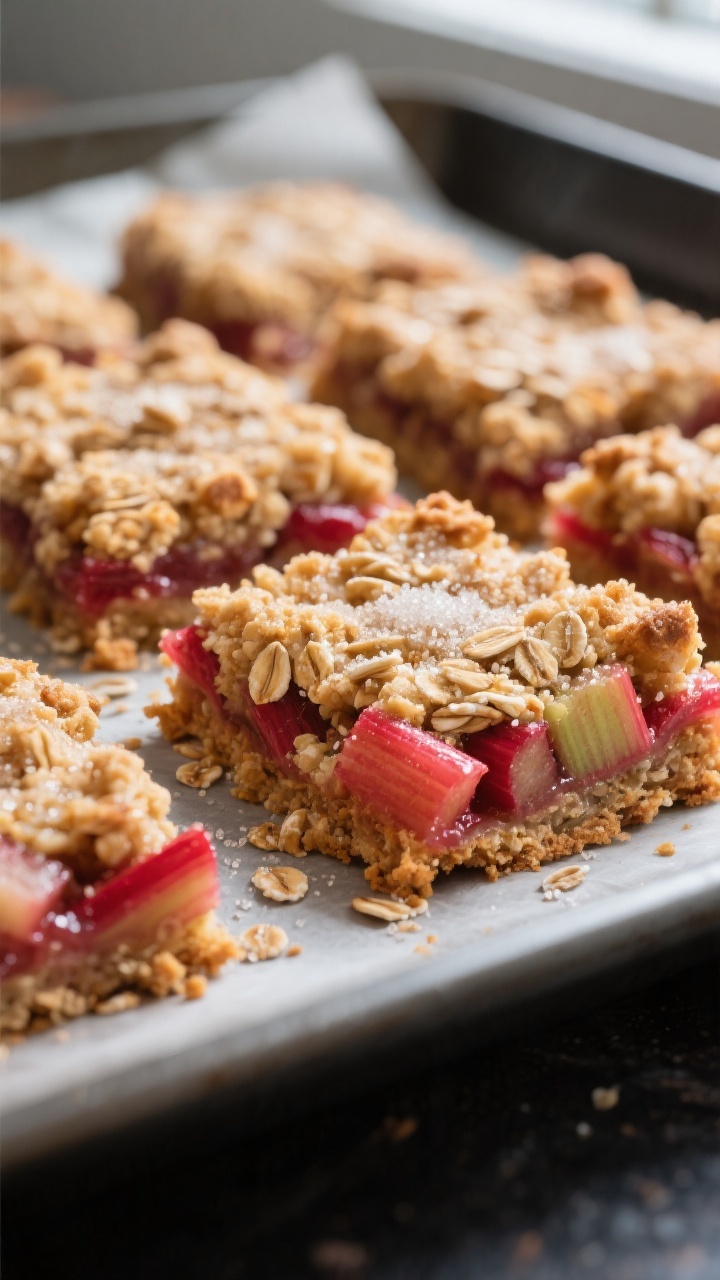Close-up detail: Freshly baked rhubarb snack bars just out of the pan, golden oat crumble top gliste