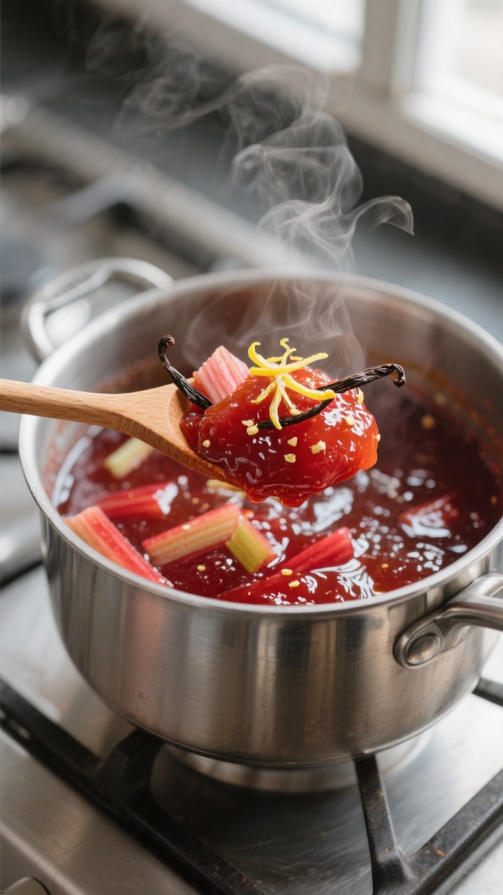 Close-up detail: Glossy rhubarb jam mid-simmer in a stainless saucepan, soft-set and mounding on a w