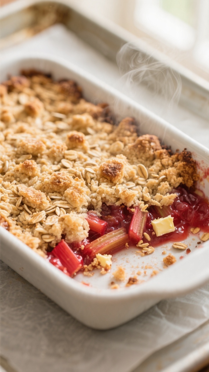 Close-up detail: Golden-brown rhubarb crumble fresh from the oven with bubbling ruby-red filling pee