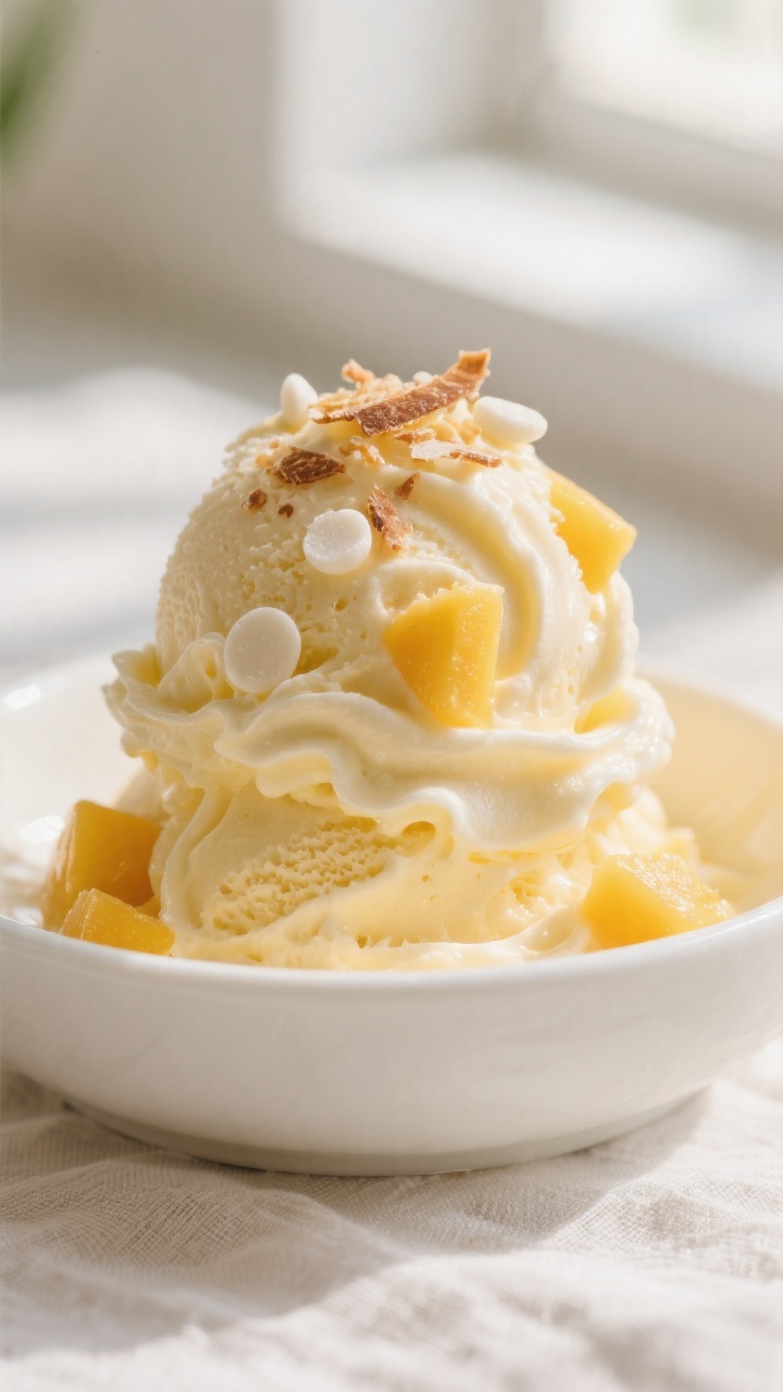 Close-up detail shot: A silky, scoopable mound of no-churn mango ice cream just out of the freezer, 