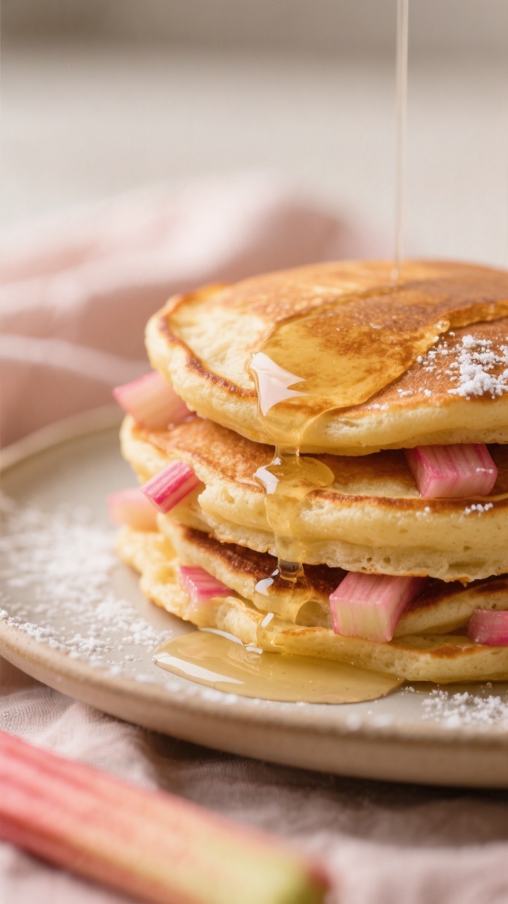 Close-up detail shot: A stack of golden, fluffy rhubarb pancakes just off the griddle, cross-section