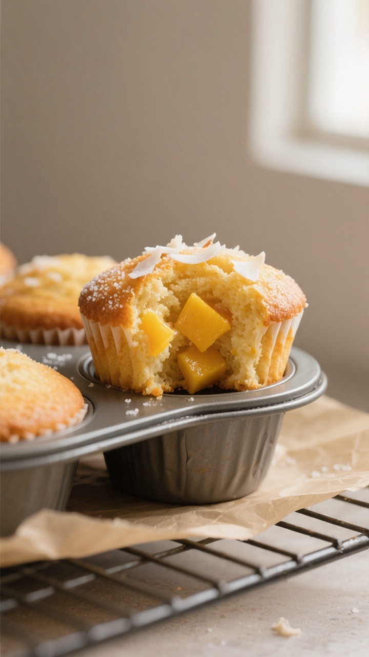 Close-up detail shot: Freshly baked mango muffins just out of the tin, one muffin torn open to revea