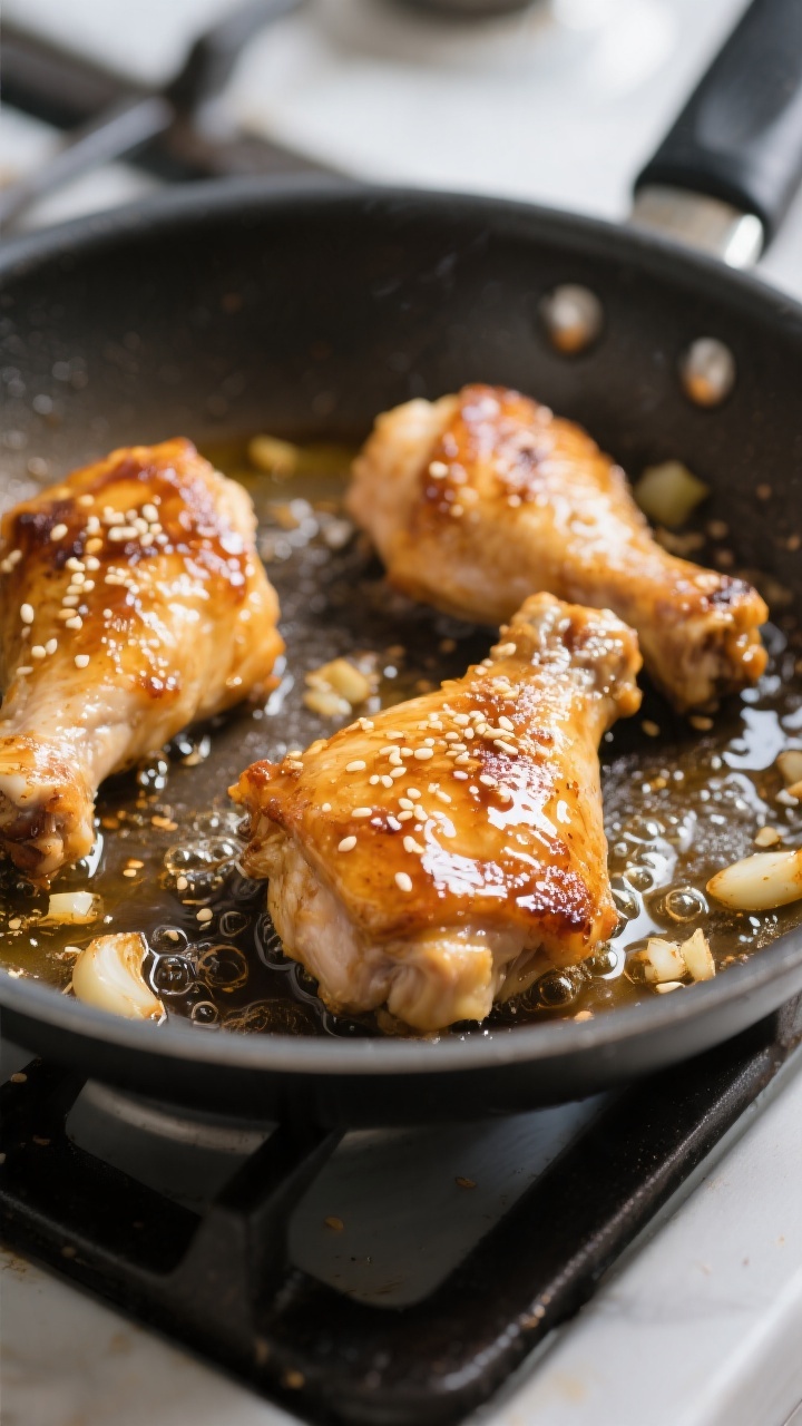Close-up detail: Sizzling honey-garlic chicken thighs mid-cook in a stainless skillet after the sear