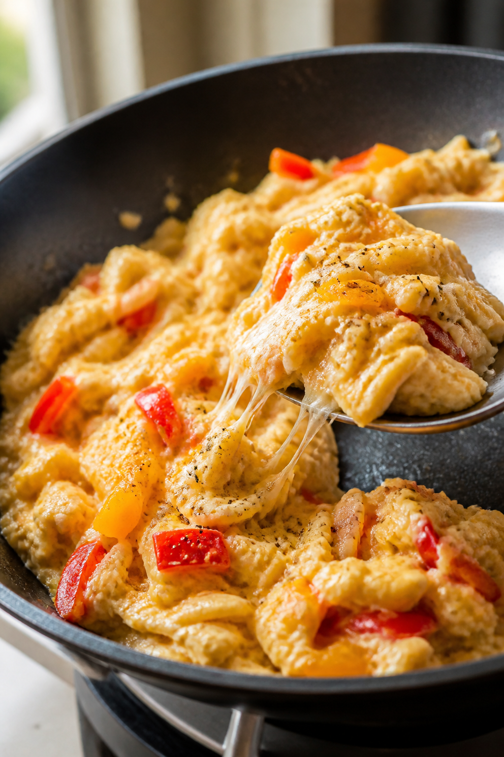 Close-up detail: Soft scrambled eggs with melted Monterey Jack swirled through sautéed mini sweet p