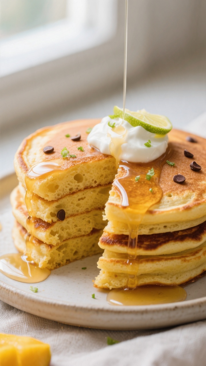 Close-up detail: Stack of fluffy mango pancakes just off the griddle, one pancake sliced to reveal s