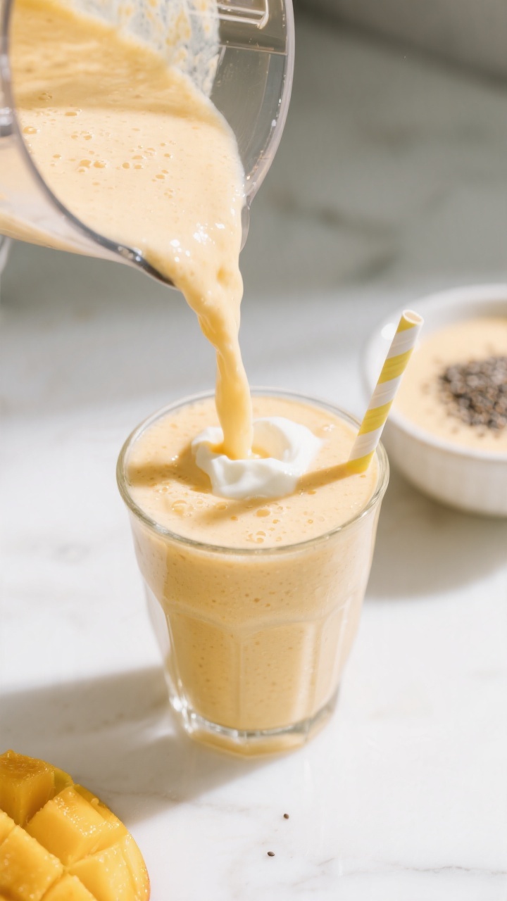 Close-up detail: Thick, silky mango smoothie being poured from a blender into a clear kid-sized glas