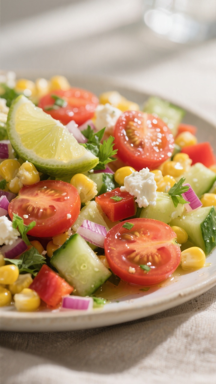 Close-up detail: Tossed corn salad glistening with lime-olive oil dressing, showing juicy quartered 