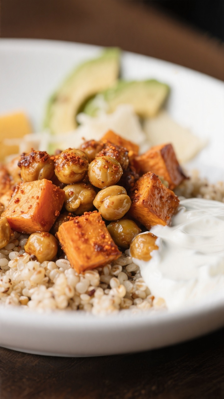Close-up final detail: Tight macro of crispy roasted chickpeas and caramelized sweet potato cubes ne