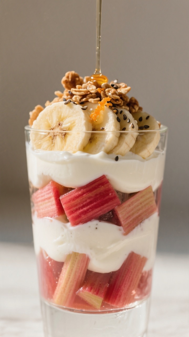 Close-up final dish: Intimate macro of a finished rhubarb yogurt parfait in a narrow tumbler, showin