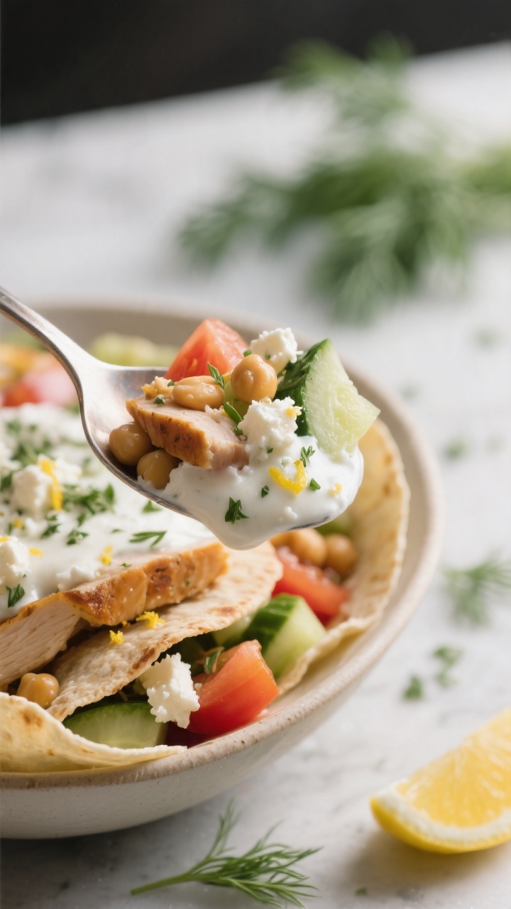 Close-up final dish: Tight macro of a spoonful lifted from the Greek Salad Wrap Bowl showing layered