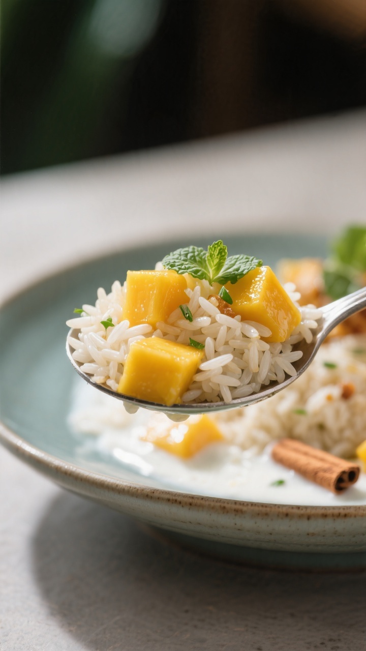 Close-up final plate: Tight macro of a spoonful of mango rice lifted above a ceramic plate, highligh