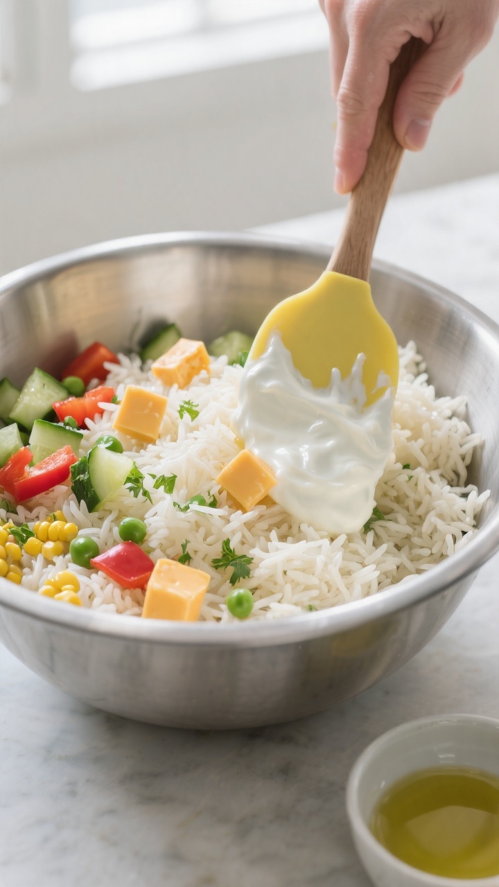 Cooking process close-up: Cold, fluffy basmati rice being gently folded with a creamy yogurt–olive