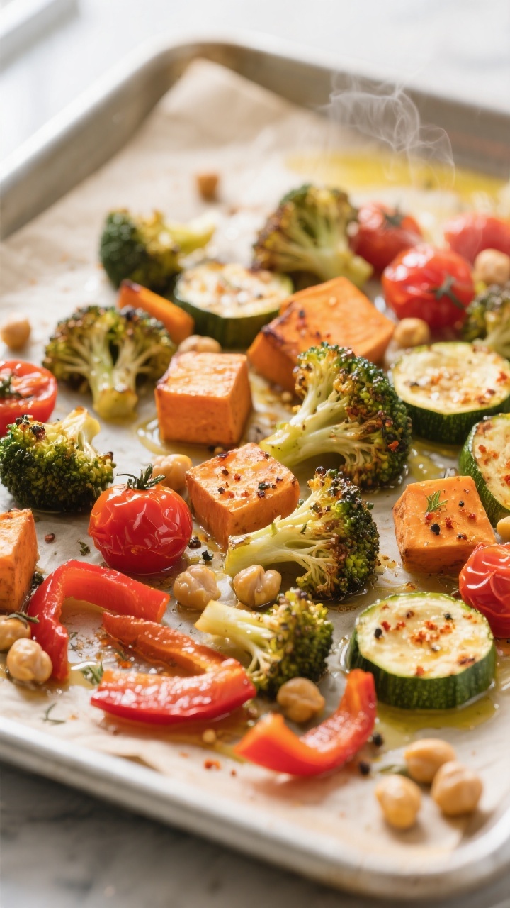Cooking process, close-up detail: Golden-edged roasted vegetables on a parchment-lined sheet pan jus