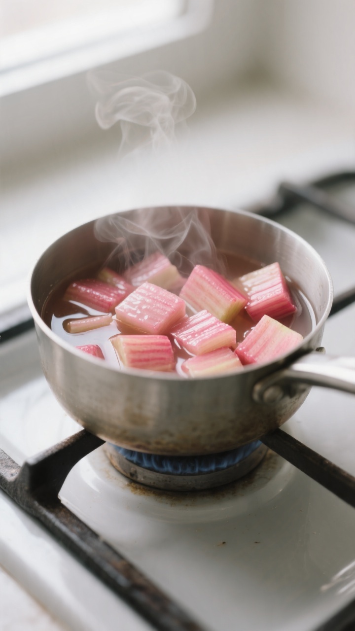 Cooking process, close-up detail: Simmered rhubarb pieces glistening in a small saucepan, tender and